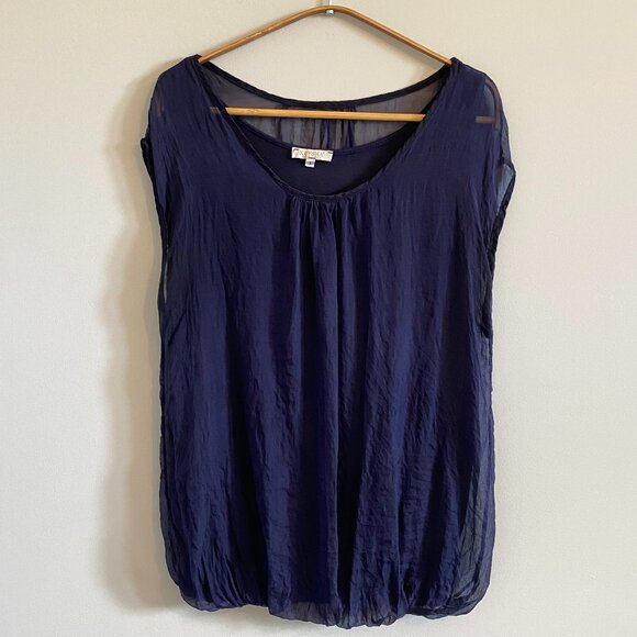 100% Silk Sheer Navy Blue Short Sleeve Blouse Loose Fitting Scoop Neck Billowing - Picture 1 of 11